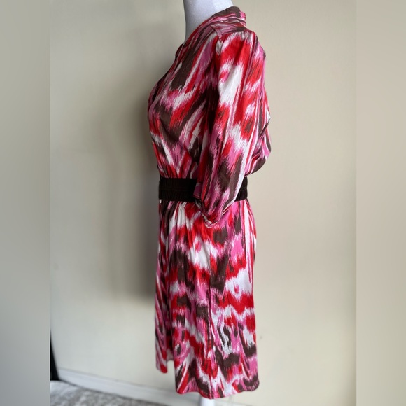 BOSTON PROPER BELTED BUTTON FRONT DRESS, RED/PINK/BROWN/WHITE, US SIZE 10 - Picture 3 of 8